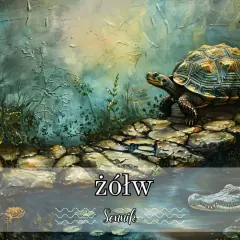 Sennik żółw: Żółw na kamienistej ścieżce, obok woda z aligatorem. Symbolizuje cierpliwość i długowieczność.
