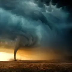 Potężny **tornado** na tle burzowych chmur. W **senniku** może symbolizować chaos, zmiany lub niekontrolowane emocje.