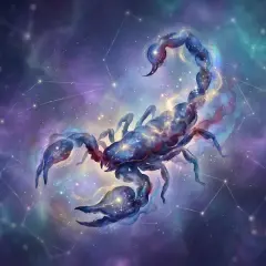 Kosmiczna kobieta skorpion, z jej ciałem utkany z gwiazd i mgławic, unosi się na tle konstelacji.