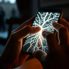 Dłonie trzymają telefon, którego ekran rozświetla błyskawicopodobny wzór. To jak sen o złamanym telefonie, gdzie technologia staje się nieokiełznaną siłą.