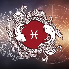Symbol Ryb, 27 luty znak zodiaku, otoczony dwiema rybami i kryształami. W tle koło zodiaku.