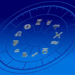 Złote symbole zodiaku na tle gradientowego błękitu. Baran, Byk, Bliźnięta, Rak, Lew, Panna, Waga, Skorpion, Strzelec, Koziorożec, Wodnik, Ryby. 28 marca znak zodiaku to Baran.