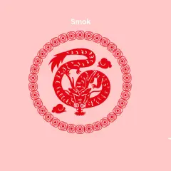 Czerwony smok, symbol chińskiego horoskopu, w okrągłej ramce. Obok widnieje chiński znak oznaczający smoka.