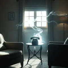 Sennik kłótnia z teściową: dymiący telefon na stoliku między fotelami, symbolizujący napiętą rozmowę.