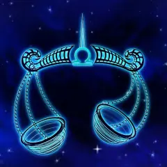 Neonowy symbol Wagi, 24 września znak zodiaku, lśni na tle nocnego nieba pełnego gwiazd.