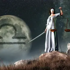 Kobieta z przepaską na oczach, trzymająca wagę i miecz, stoi na tle księżyca z symbolem Wagi. Ascendent w wadze.