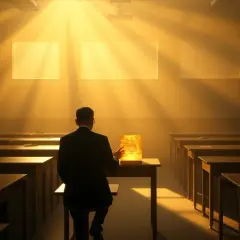 Mężczyzna w garniturze siedzi w pustej sali lekcyjnej, przed nim świecąca księga. Może to symbolizować przygotowanie do ważnego egzaminu.