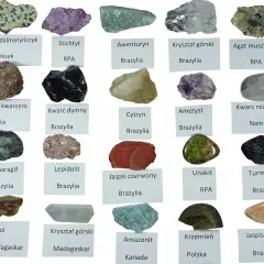 Kolekcja minerałów: jaspis dalmatyńczyk, stichtyt, awenturyn, kryształ górski, agat muszlowy, buła z kwarcem, kwarc dymny, cytryn, ametyst, kwarc różowy, szmaragd, lepidolit, jaspis czerwony, unakit, turmalin, karneol, kryształ górski, krzemień, jaspis...