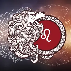 Lew, 15 sierpnia znak zodiaku, symbolizuje siłę i odwagę. Stylizowany lew z grzywą i symbolem Lwa na tle zodiaku.
