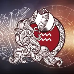 Symbol **Wodnik** w postaci dzbanka z wodą, otoczony kryształami i kołem zodiaku.