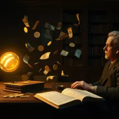 Sennik: dostać pieniądze od zmarłego ojca. Mężczyzna w gabinecie, nad biurkiem unoszą się banknoty i monety, symbolizując dziedzictwo.