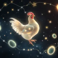 Biały kogut w kosmicznym senniku, otoczony gwiazdami i planetami.