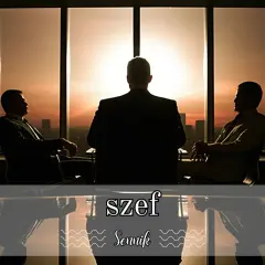 Trzech mężczyzn w garniturach siedzi przy stole w biurze z widokiem na miasto o zachodzie słońca. Szef, który jest w centrum, wydaje się być w trakcie ważnej rozmowy.