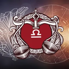 Symbol Wagi, 8 października znak zodiaku, otoczony kryształami i kołem zodiaku.