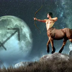 Centaur z łukiem celuje w księżyc z symbolem Strzelca. Jego ascendent w strzelcu jest gotowy do lotu.