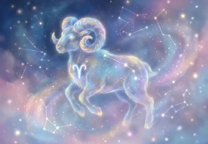 Gwiezdny Baran, symbol horoskopu na jutro dla Barana, unosi się wśród konstelacji i mgławic.