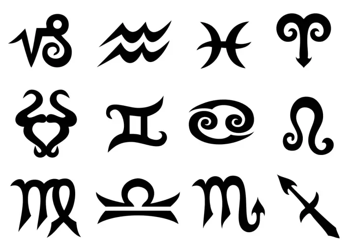 Znak zodiaku 25 czerwca to Rak. Na obrazie widoczne są wszystkie 12 symboli zodiaku w czarnym kolorze na białym tle.