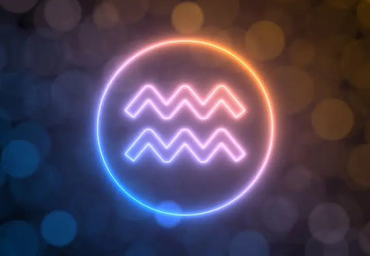 Neonowy symbol Wodnika, znaku zodiaku dla osób urodzonych 6 lutego, otoczony poświatą.