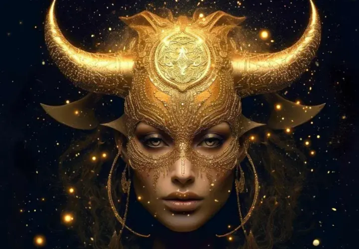 Złota maska z rogami byka, symbolizująca 30 kwietnia znak zodiaku.