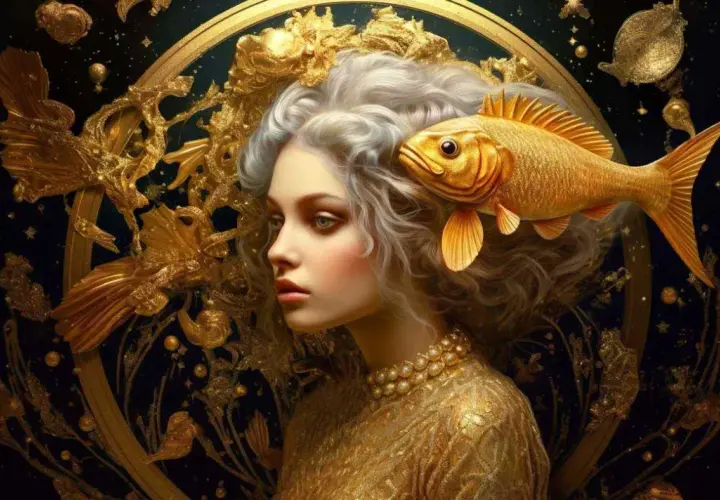 Złota ryba zdobi głowę kobiety, symbolizując znak zodiaku Ryby. Otacza ją bogactwo ozdób i gwiazd.