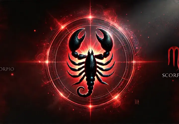 Mroczny, czarny skorpion z czerwonym, świetlistym ascendentem w skorpionie. Symbol zodiaku i nazwa "SCORPIO" podkreślają mistyczną atmosferę.