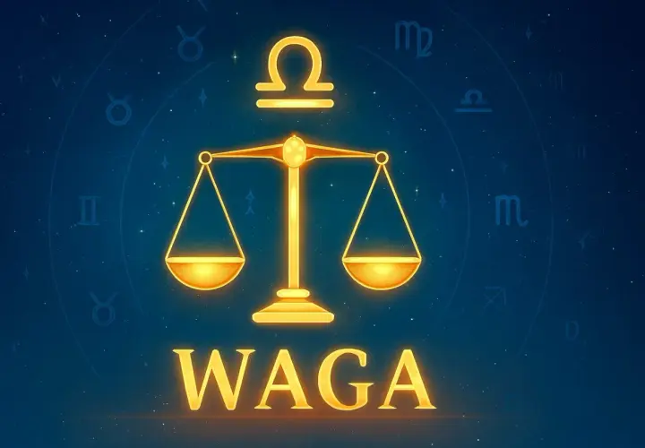 Znak zodiaku Waga, symbol wagi i konstelacje na nocnym niebie.