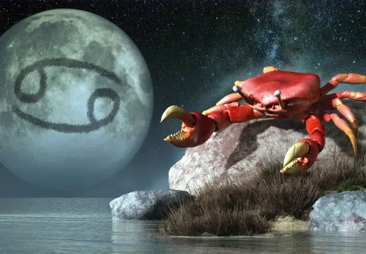 Czerwony rak na skale, księżyc z symbolem Raka i nocne niebo. Ascendent w Raku.