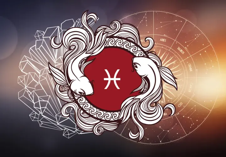 Symbol Ryb, 27 luty znak zodiaku, otoczony dwiema rybami i kryształami. W tle koło zodiaku.