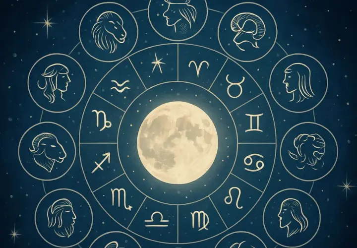 Koło zodiaku z Księżycem w centrum. Widoczne symbole i wizerunki znaków zodiaku, w tym Skorpiona. Sprawdź swój horoskop skorpion na przyszły tydzień.