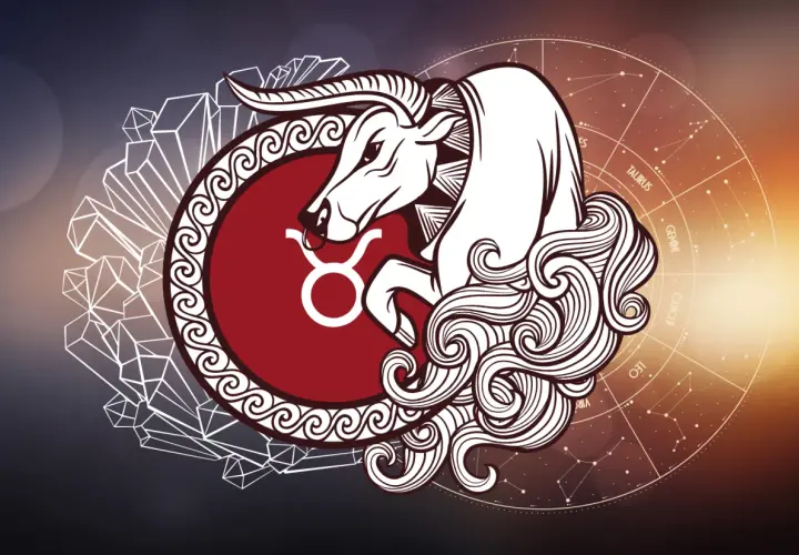 Symbol byka znaku zodiaku, otoczony kryształami i kołem zodiaku.