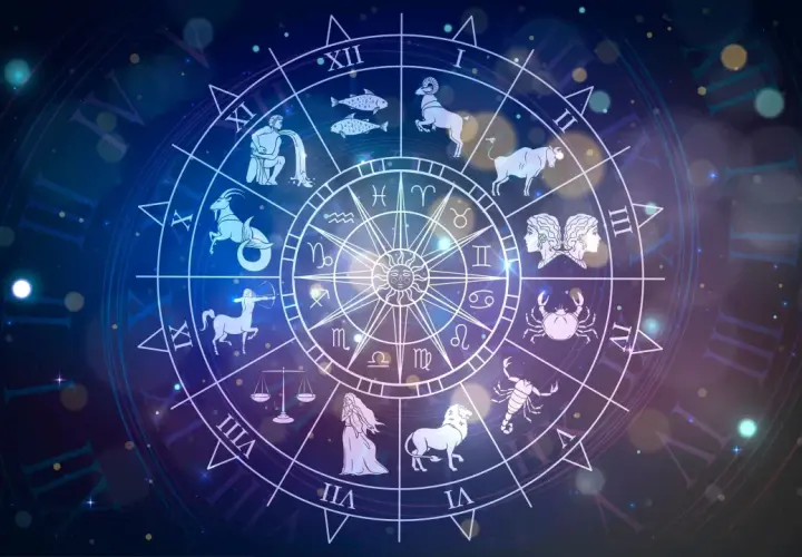Okrąg zodiaku z symbolami gwiazd, w tym znakiem zodiaku dla 19 czerwca.