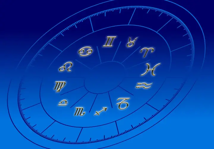Złote symbole zodiaku na tle gradientowego błękitu. Baran, Byk, Bliźnięta, Rak, Lew, Panna, Waga, Skorpion, Strzelec, Koziorożec, Wodnik, Ryby. 28 marca znak zodiaku to Baran.