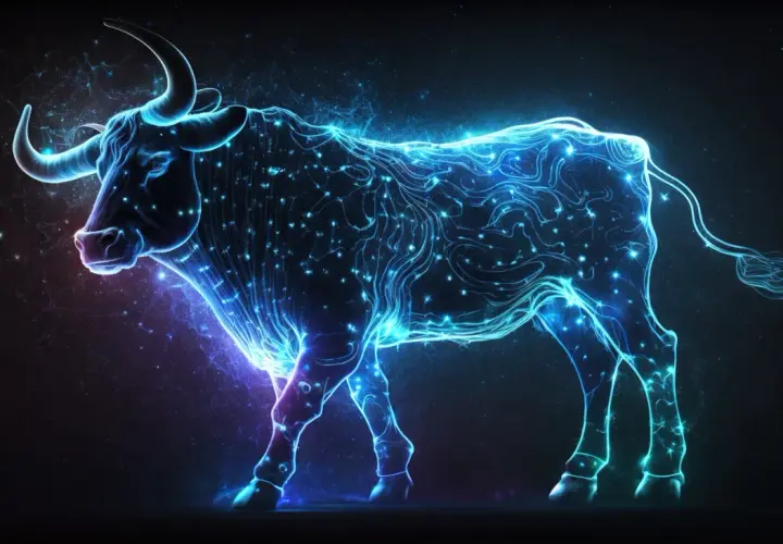 Galaktyczny Byk, 17 kwietnia znak zodiaku, emanuje niebieską energią kosmiczną.