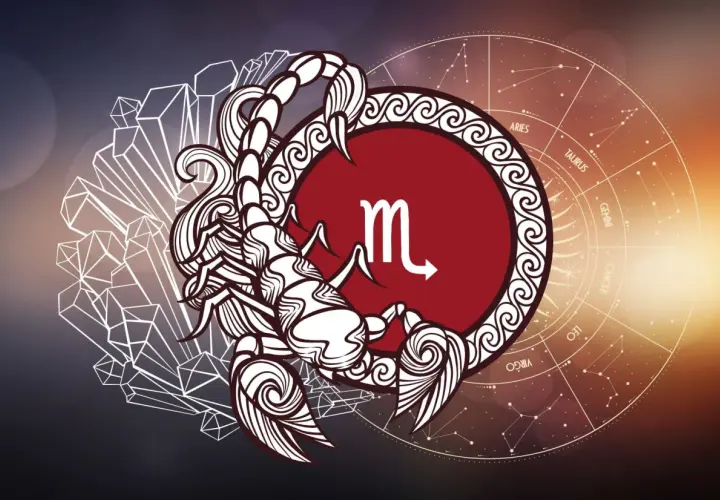 Skorpion znak zodiaku, stylizowany skorpion i symbol zodiaku na tle konstelacji.