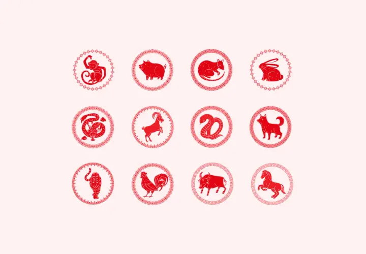 Czerwone, stylizowane chińskie znaki zodiaku: małpa, świnia, szczur, królik, smok, koza, wąż, pies, tygrys, kogut, wół, koń.