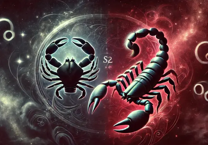 Rak i skorpion, dwa znaki zodiaku, w kosmicznej scenerii. Lewa strona ciemna, prawa ognista.