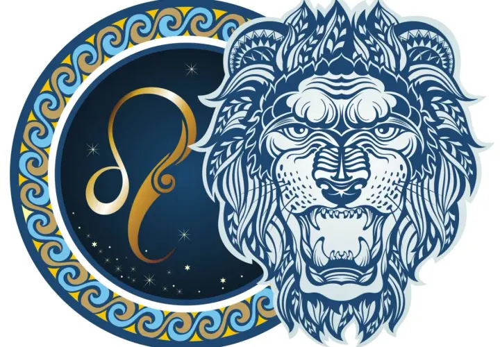 Znak zodiaku sierpień: złoty symbol Lwa na tle nocnego nieba i stylizowana głowa lwa.