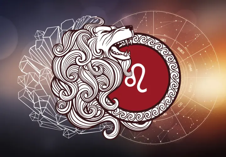 Lew, 15 sierpnia znak zodiaku, symbolizuje siłę i odwagę. Stylizowany lew z grzywą i symbolem Lwa na tle zodiaku.