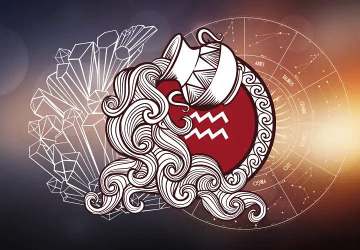 Symbol **Wodnik** w postaci dzbanka z wodą, otoczony kryształami i kołem zodiaku.