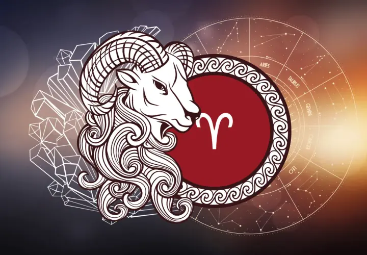Stylizowany baran znak zodiaku z symbolem i kołem zodiaku.