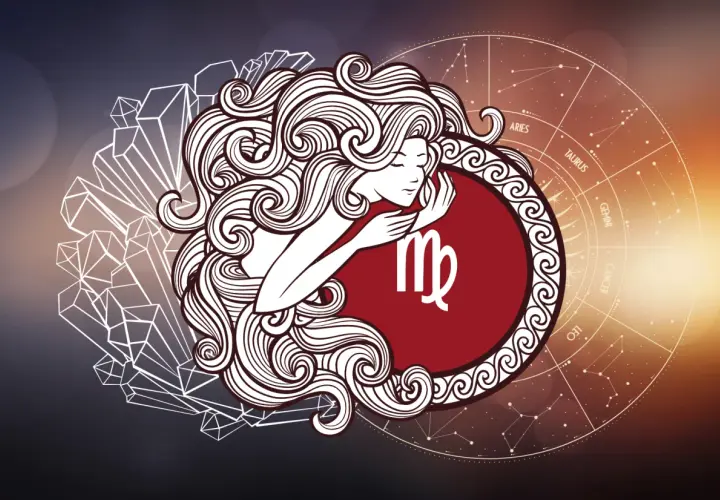 Symbol Panny, znaku zodiaku wrzesień, otoczony kryształami i kołem zodiaku.