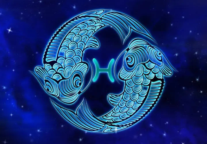 Dwa niebieskie, stylizowane ryby tworzą symbol Ryb, znaku zodiaku dla osób urodzonych 21 lutego.