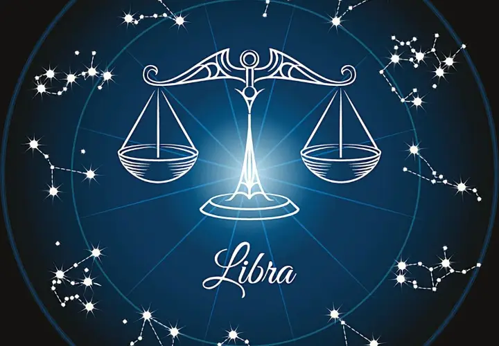 Symbol wagi znak zodiaku, otoczony konstelacjami na tle nocnego nieba.