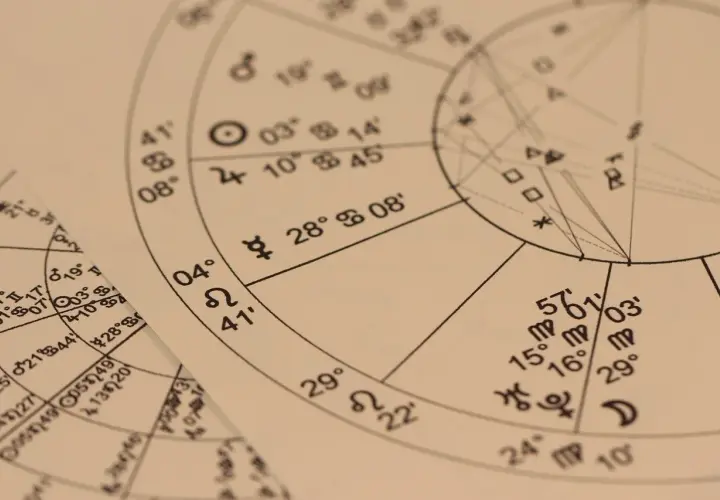 Zbliżenie na astrologiczne wykresy z symbolami planet i znaków zodiaku. Widać fragmenty horoskopów, które mogą dotyczyć osób urodzonych w listopadzie, czyli znak zodiaku Skorpion lub Strzelec.