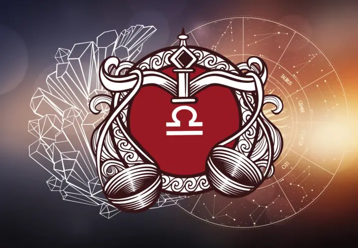 Symbol Wagi, 8 października znak zodiaku, otoczony kryształami i kołem zodiaku.