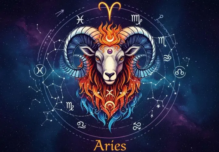Baran, znak zodiaku 25 kwietnia, z płomienną grzywą i rogami, otoczony konstelacjami i symbolami zodiaku na tle kosmosu.