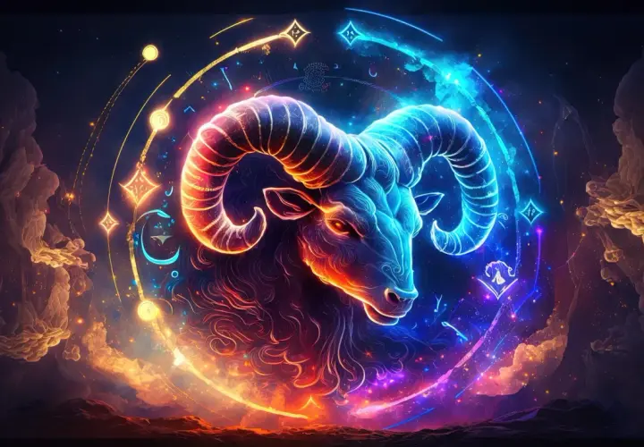 Baran, kwiecień znak zodiaku, w neonowych barwach na tle kosmicznego cyklu i mgławic.