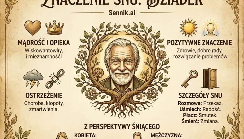 Sennik: dziadek symbolizuje mądrość, opiekę i pozytywne znaczenie snu. Ostrzega przed chorobą i kłopotami.
