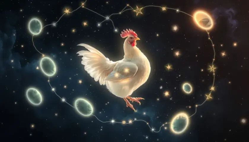 Biały kogut w kosmicznym senniku, otoczony gwiazdami i planetami.
