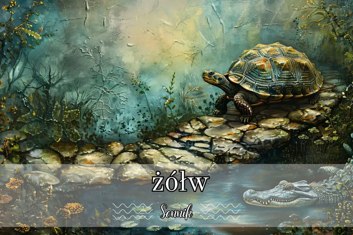 Sennik żółw: Żółw na kamienistej ścieżce, obok woda z aligatorem. Symbolizuje cierpliwość i długowieczność.